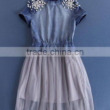 2015 latest design beaded denim veil lady fashion dress
