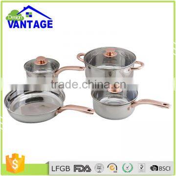 7pcs stainless steel cookware set with copper plating handle