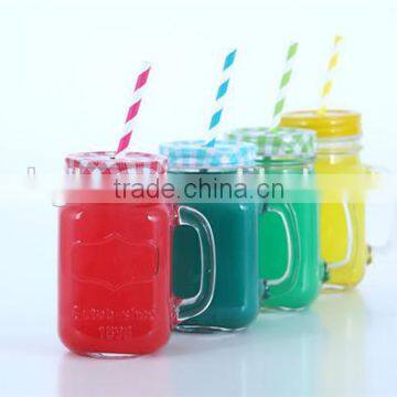 Colored Clear Mason Jar Mug With Handle and Straw Lid Cock Design 16oz