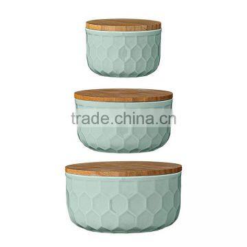 Ceramic Bowl Set with Bamboo Lids, Mint Green