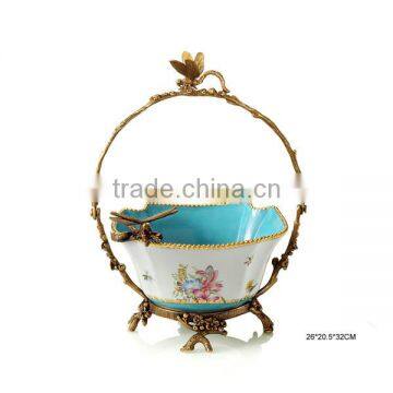 Elegant Dragonfly Design Decorative Fruit Basket With Brass Handle, Floral Painting Blue Porcelain With Brass Fruit Bowl photo-4