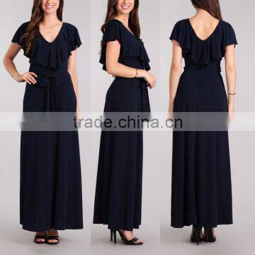 Latest Gown Designs Supplier long maxi dress V Neck Navy Short Flutter Sleeve Maxi Party Dress Lady