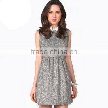 2015 Women Latest Fashion Grey Sleeveless A Line Sundress Sequined Dress