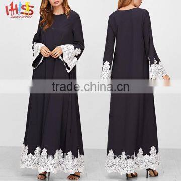 Navy Contrast Embroidered Lace Trim Tent Dress New Ladies Latest Fashion Muslim Dress Malaysia 2017 Design HSD7304