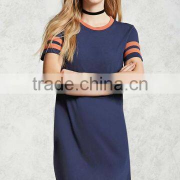 Woman Short Sleeve Round Neck Contrasting Varsity Stripes T-shirt Casual Shift Dress photo-5