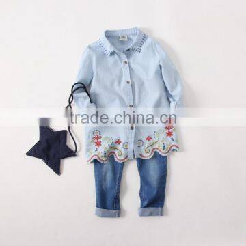 2017 Girls Latest Long Tops Designs Jeans Turndown Embroidered Shirt photo-2