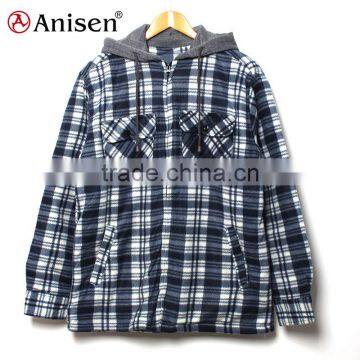 garment stock lot Chinese supplier men fleece plaids jacket with hood