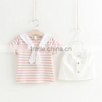 Girls Stripes College Wind Suit Summer New Style Children Clothing Set Baby Navy Collar t Skirt White Skirt photo-5
