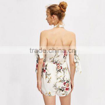 Polyester White Ladies Jumpsuit, Floral Print Contrast Lace Playsuit photo-4