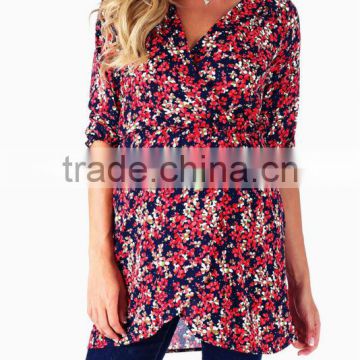 NAVY BLUE RED FLORAL PRINTED CHIFFON MATERNITY/NURSING TUNIC