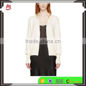 Raglan Sleeve Y-Neck Collared Ivory White Rib Knit Cashmere Cardigan for Women