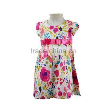 Flower printed with bow flutter sleeves baby girl party dress