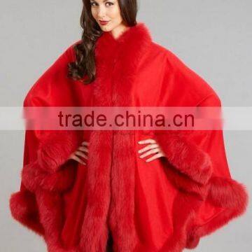 2017 New Product Noble Cape Brand Name shawl Hand Made Wholesale Cashmere And Fox Fur Trim Cape