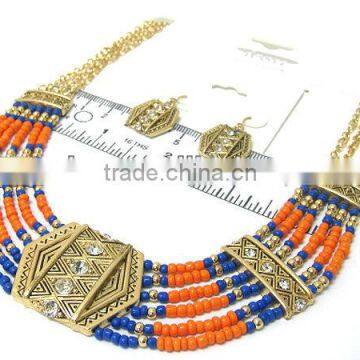 Crystal Metal and Multi Seed Beads Native Tribal Design Multi Chain Necklace Earring Set photo-2