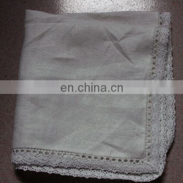 customized pure linen wedding handkerchief with wide cotton lace in cream color