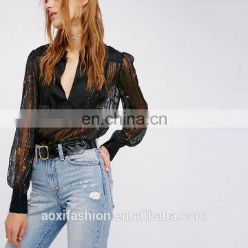 Clothing Spring Sheer Sleeves Lady Latest Fashion Blouse Design 2016 photo-2