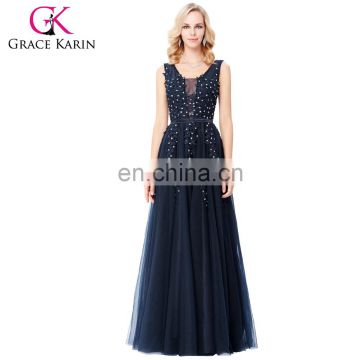 Grace Karin Elegant Deep V-Back Soft Tulle Netting Sleeveless Long Navy Blue Evening Dress 8 Size US 2~16 GK000130-1