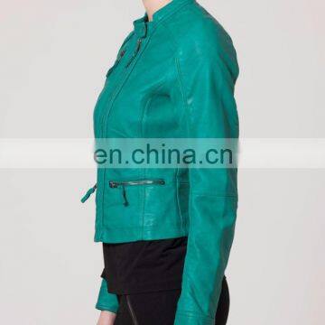 New Fashion 4 Colors Ladies Crew Neck Genuine Leather Jacket Wholesale