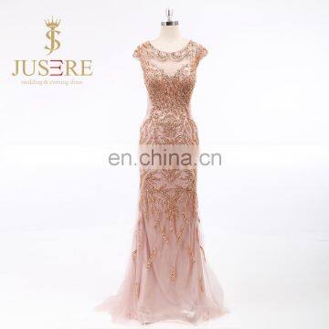 Illusion Tulle Scoop Cap Sleeves Handmade Sequines Beaded Gold Long Mermaid Evening Dresses 2016