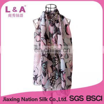 Woman butterfly design printed polyester voile scarf autumn