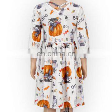 Halloween Cross Neck Pumpkin 3/4 Sleeve Girls Skirt Fashion Dress photo-2