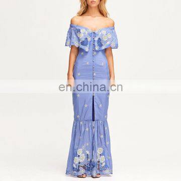 TWOTWINSTYLE Embroidery Patchwork Off Shoulder Half Sleeve High Waist Slim Split Maxi Women Dress