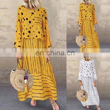 2020 Summer Fashion Women Dresses O-neck Print Dot Stripe Long Sleeve New Style Short Dress For Ladies photo-2