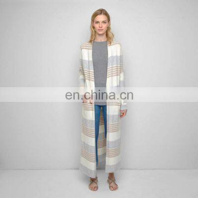 Striped Wool Cashmere Stylish Girls Long Sweater Fashion Cardigan