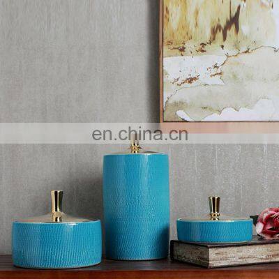 Jingdezhen Chinese style home hotel decorative ceramic artwork gold plating blue color glazed ceramic vase