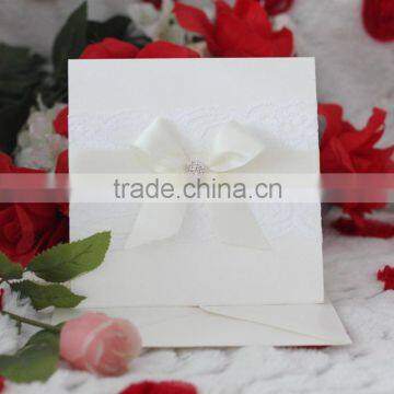 Ribbon Bow Embellished Wholesale Ivory Lace Wedding Invitations photo-4