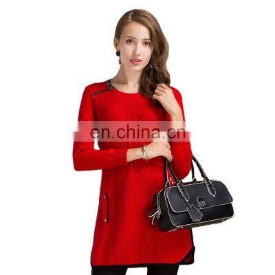 China Women's Red Long-Sleeved Slim Fit Sweater Knitted Casual Style Crew Neck Solid Pattern Winter Season