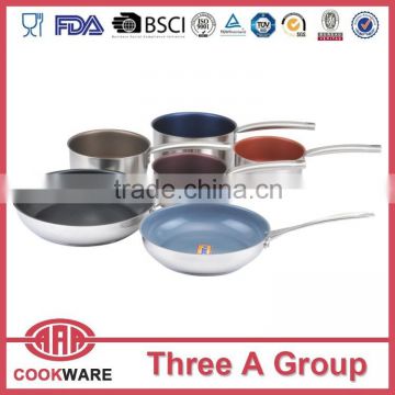 stainless steel frying pan with colorful non-stick coating