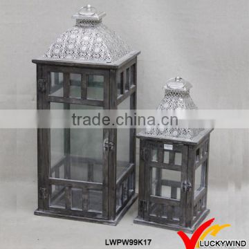 Square Glass Panels Plated Silver Top Wooden Candle Holder Set