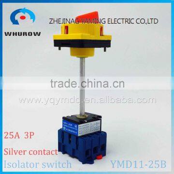 Isolating switch YMD11-25B on-off with padlock handle red yellow aluminum pole 25A 3P operation outside electrical cabinet