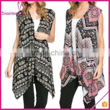 Sleeveless Asymmetric Hem Open Front Floral Zig Zag Latest Fashion Ladies Wholesale Cardigan