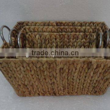 Rectangular Water Hyacinth Basket Set/3 with Iron Metal Frame and Handles