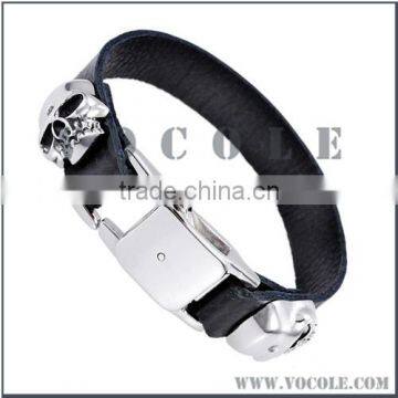 Silver skull design hot sell clasp genuine leather bracelet for men