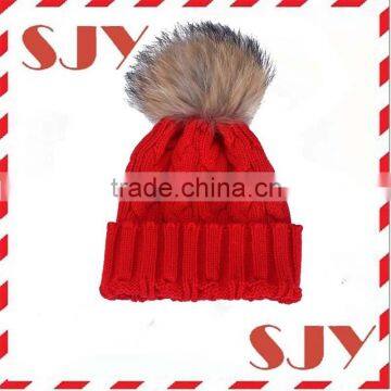 Women Real Raccoon Fur Ball Knitted Beanie Hat