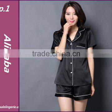 Short Sleeves Nightgown Solid Black Silk Pajamas Sets For Women