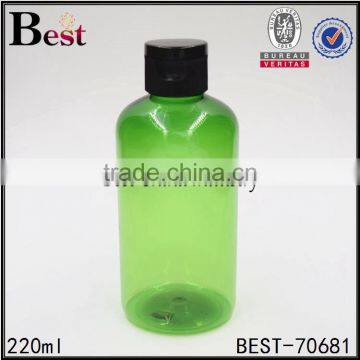 2017 hot new products 220ml cosmetic toner beard oil round shoulder pet green plastic shampoo bottle caps flip top cap