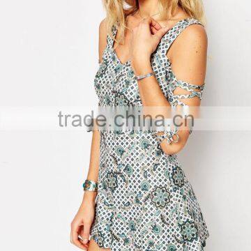 2015 Fashionable Hot Sale OEM Customized Romper in Folk Print With Lattice Tie Sleeves photo-3