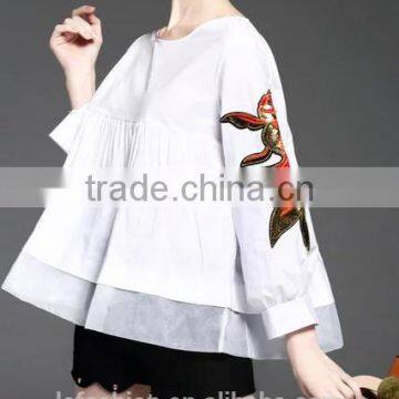 2017 Summer Newest Fashion Round Neck Long Sleeve Blouse With Patch on Sleeve photo-4