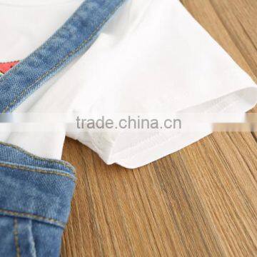 2017 Summer Girls Boutique Clothing Set White Applique t Shirt +suspender Denim Skirt 2pcs Suit photo-3