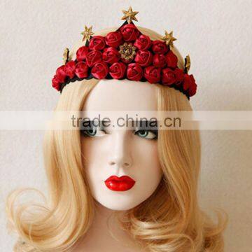 Fabric Red Rose Queen Hairband,star Crown Dancing Hair Hoop,bride Wedding Party Hair Decoration photo-3