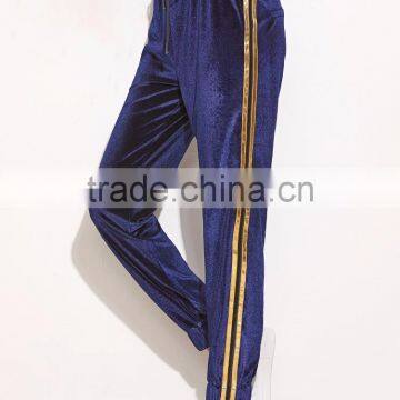 Navy Side Striped Drawstring Velvet Sweatpants 95% Polyester 5% Spandex Elastic Waist Loose Trousers photo-3
