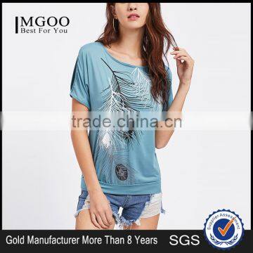 MGOO Design Custom Made Feather Print Split Shoulder Tee Short Sleeve Stretchy Soft Modal Tshirt Women Jersey Shirt