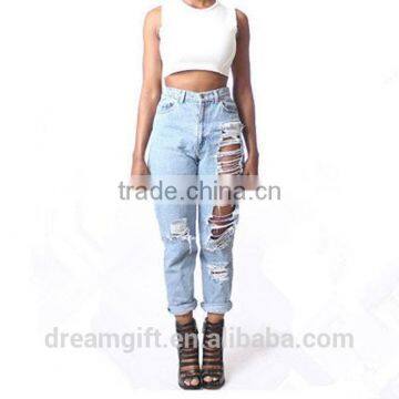 Simple pants hole torn female jeans women's cool denim pants straight jeans for girl destroyed casual pants