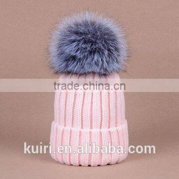 Knitted Hat With Snap Silver Fox Fur Ball on Top photo-3
