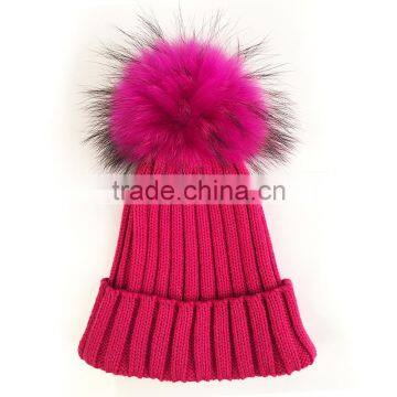 Myfur Hot Pink Fluffy Raccoon Fur Ball Knitted Beanie Hat for Fashion Lady