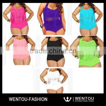 High Waist Fat Women Plus Size Swimwear Bikini Set With Tassel